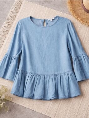 Boho Bell Sleeve Peplum Top Blouse Coastal Cottagecore Chambray Light Wash Denim